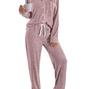 Soft Long Sleeve Pajama Set with Pockets, V-Neck Top & Drawstring Pants